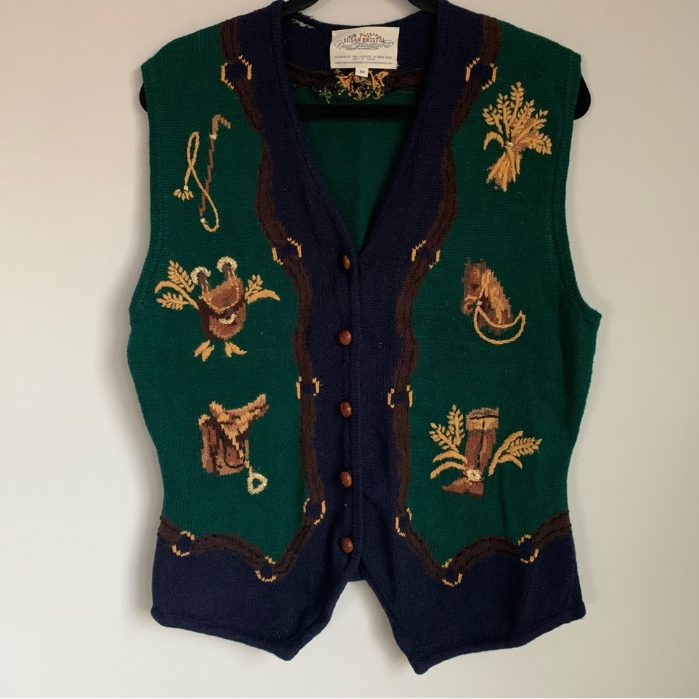Vintage Susan Bristol Equestrian Sweater Knit Vest With Leather Buttons